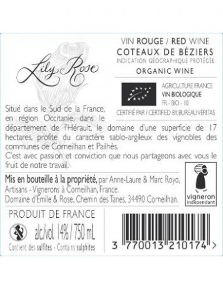 Languedoc red wine "Lily-Rose", organic agriculture label AB, aged in oak barrels, Domaine Émile & Rose